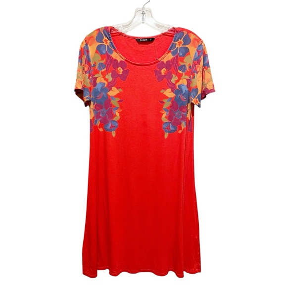 Desigual Floral Print Short Sleeve Shift Dress Orange Multicolor Women’s Medium - Picture 1 of 9
